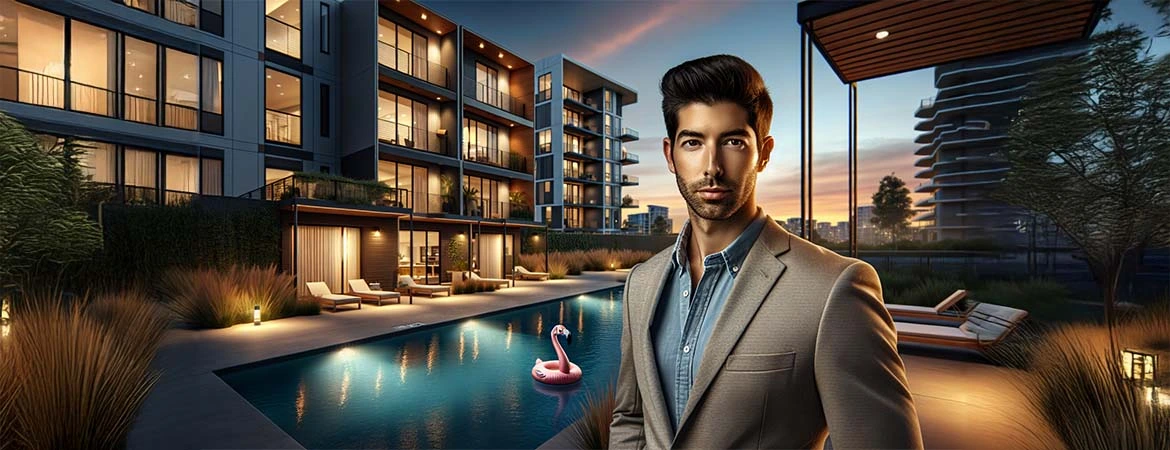 Man in a beige suit stands by a modern apartment complex with illuminated windows and a pool featuring a pink flamingo float at sunset. You too can use an FHA loan to buy a multi-family property
