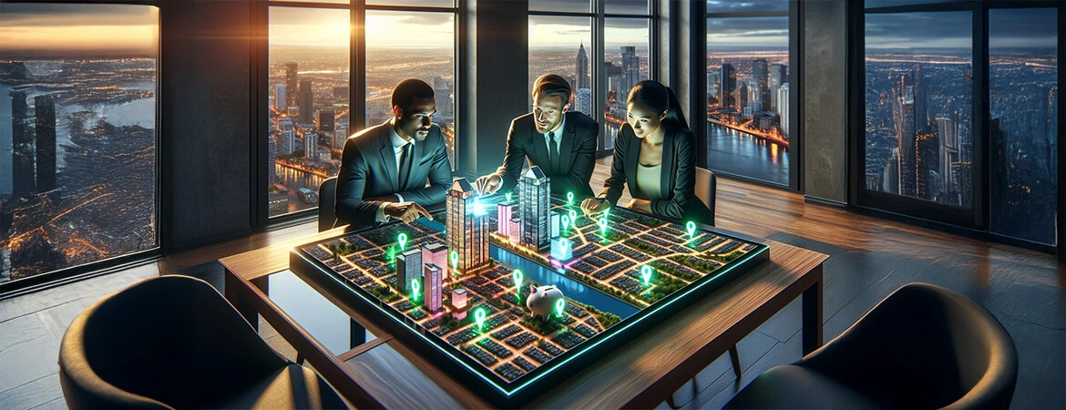 What to learn more about tax lien Certificates. Read this blog post. Image: Three professionals examine a detailed urban model on a table, discussing potential development with cityscape views in the background.