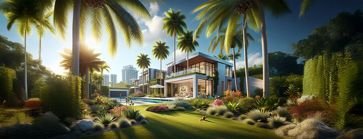 Considering Section 8 Read our blog. Image featuresModern luxury villa with a pool, surrounded by lush gardens and tall palm trees, set against a backdrop of urban skyscrapers under a sunny sky.