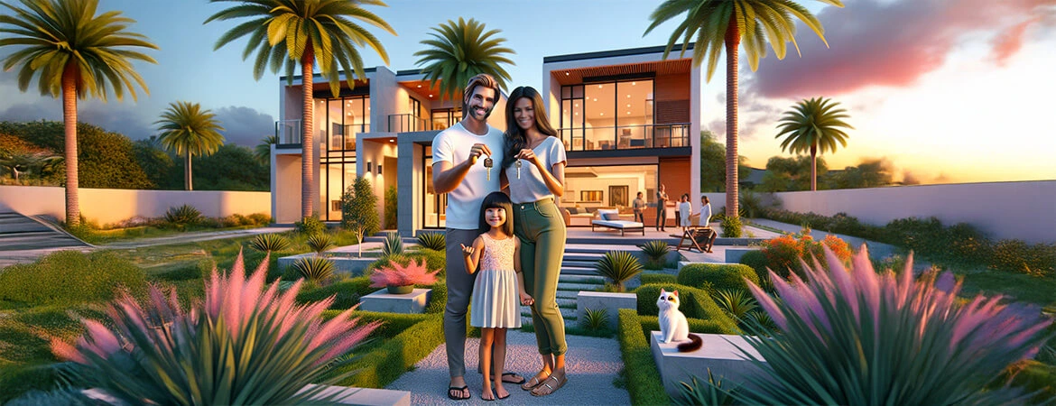 Learn more about Owner Financing with our blog post: Image: Happy family holding keys in front of a new modern home at sunset, surrounded by lush gardens and palm trees, celebrating their purchase.