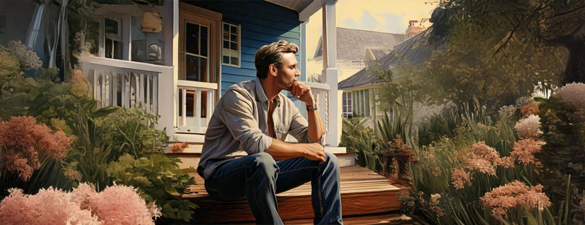 Strategies for your mortgage after an unexpected job loss. Man sitting on porch thinking.