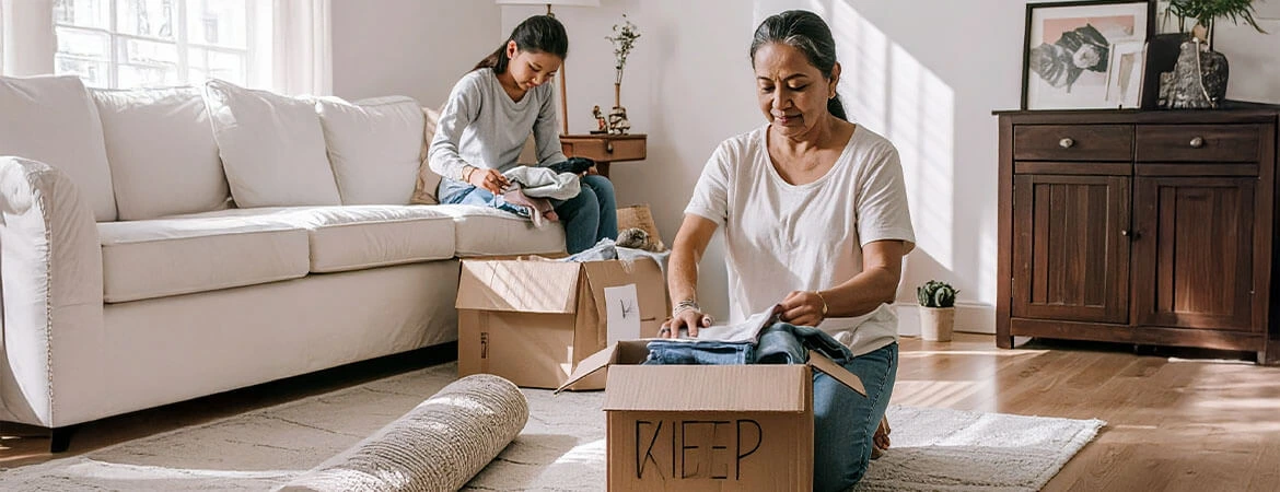 7 Budget-Friendly Tips for Preparing a Probate Home Sale. Woman with younger girl preparing boxes for donation