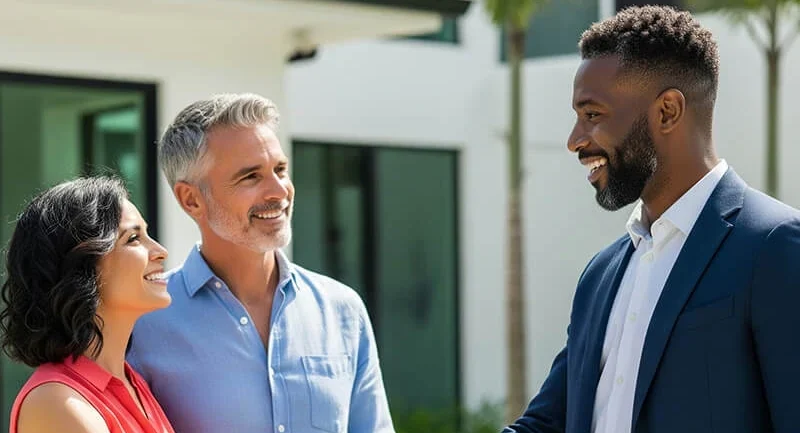 Homeowners finalizing their successful property sale with a confident handshake from their Kid Breukelen Realty Group agent.