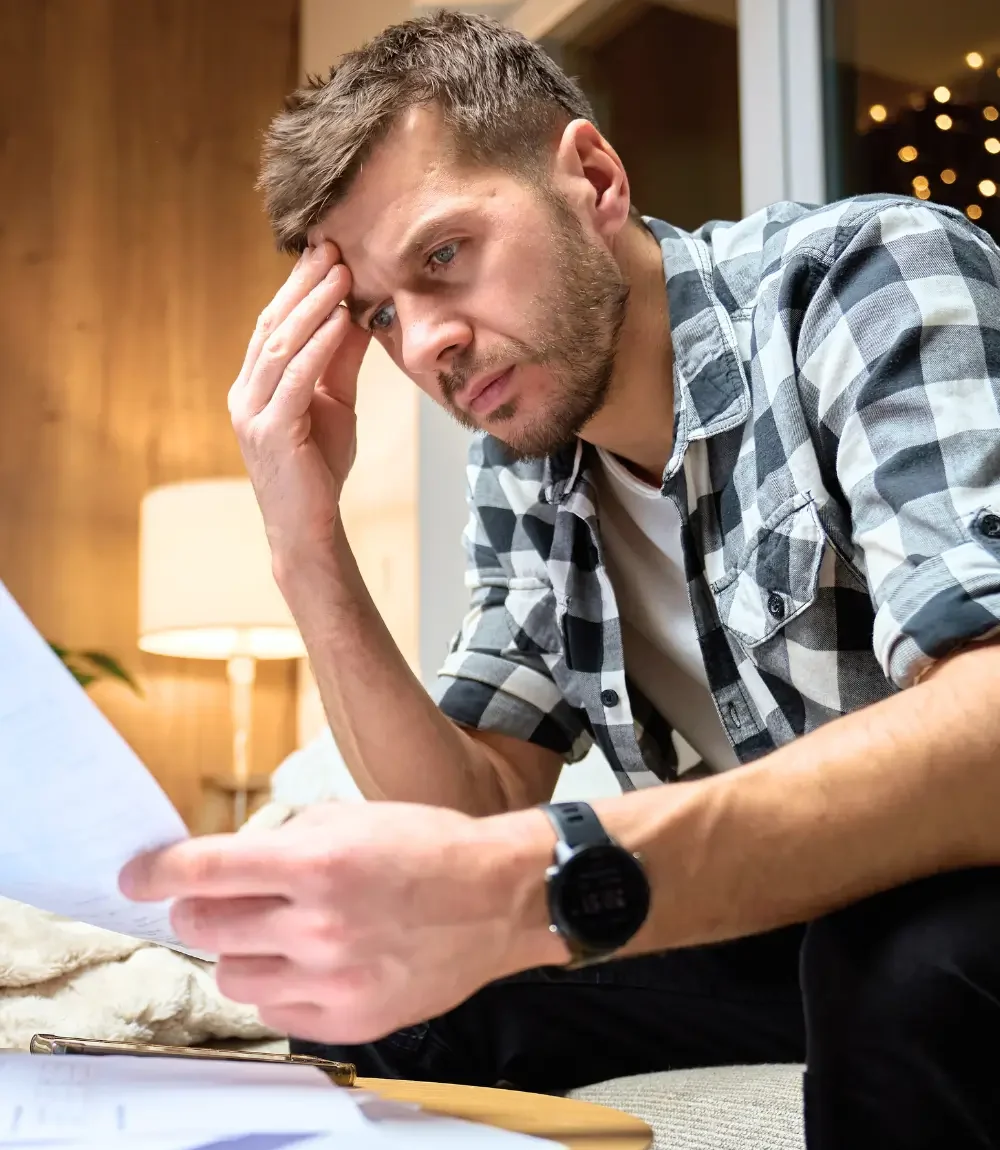 Worried homeowner in Broward reviewing bills and foreclosure-related paperwork at home